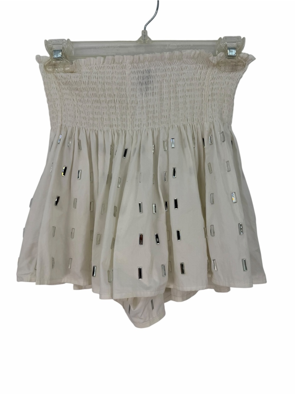 QUEEN OF SPARKLES White Rhinestone Swing Smocked Shorts with Rectangular Mirrors